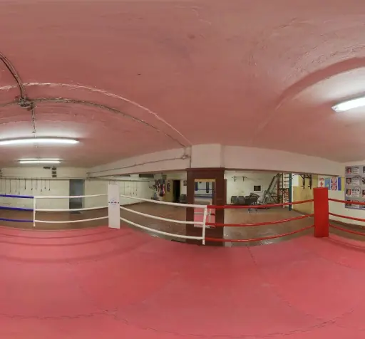 Boxring in einer leeren Halle, Seile und Eckpolster im Licht der Deckenlampen