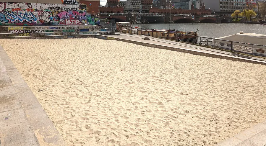 Sandfläche eines Beachfeldes am Ufer, dahinter eine mit Graffiti bemalte Mauer